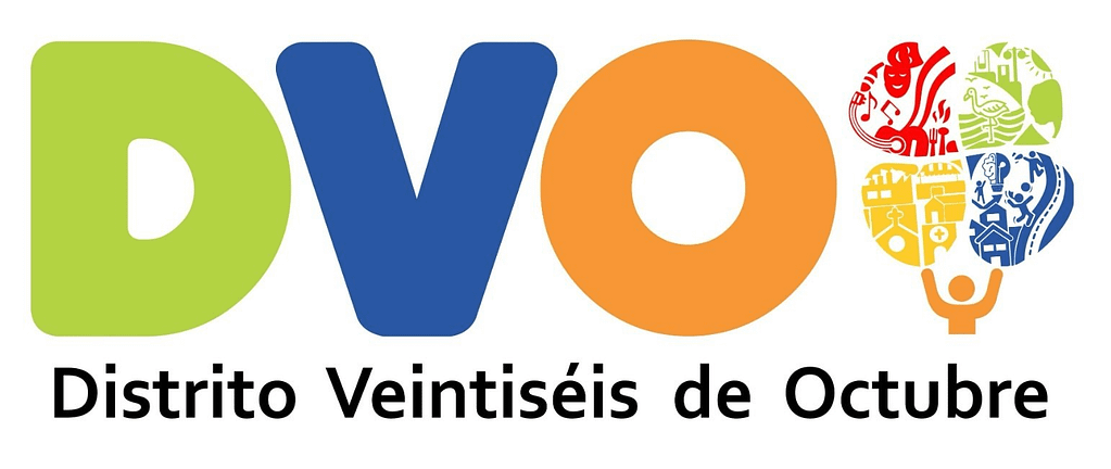 Logotipo oficial de la Marca Ciudad del Distrito Veintiséis de Octubre (DVO), la primera de su tipo en la región Piura, con íconos que representan la cultura y comunidad del distrito.